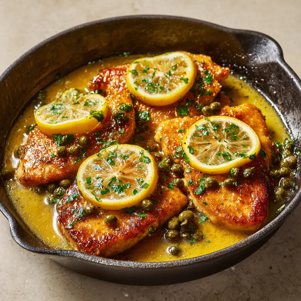 Classic Chicken Piccata in a Lemon-Butter Caper Sauce 1 Golden-brown chicken cutlets sizzling in a black cast-iron skillet, forming perfectly caramelized edges.