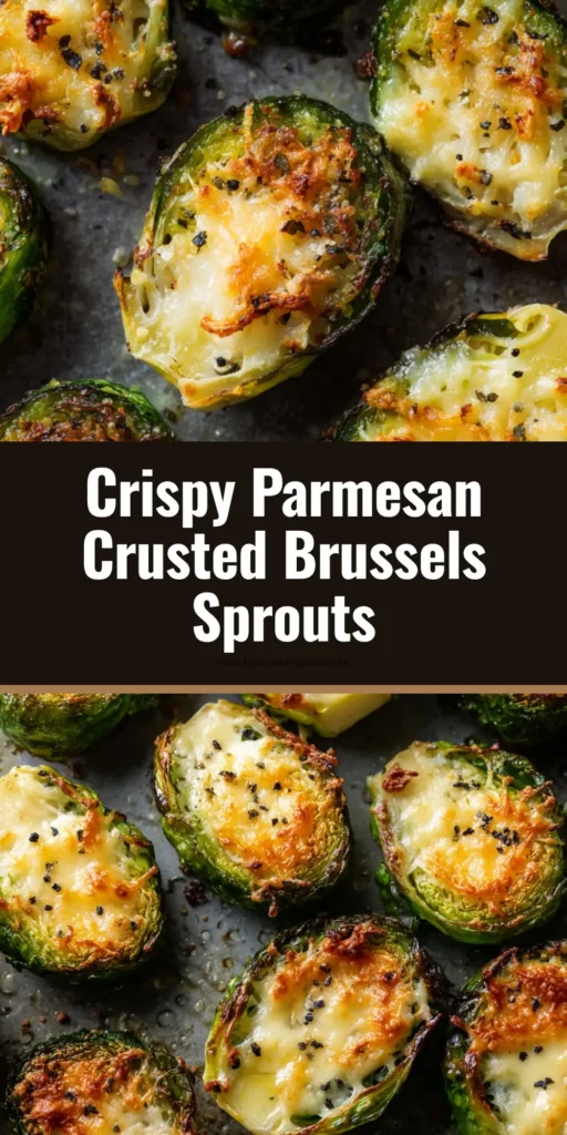 Overhead close up shot of halved Parmesan roasted Brussels sprouts flat-side down on a dark metal baking sheet with a thick golden-brown crispy cheese crust.