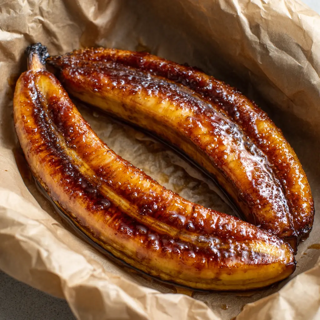 Perfectly roasted Air Fryer Caramelized Bananas showing a deep golden brown surface, slightly charred edges, and localized bubbling.
