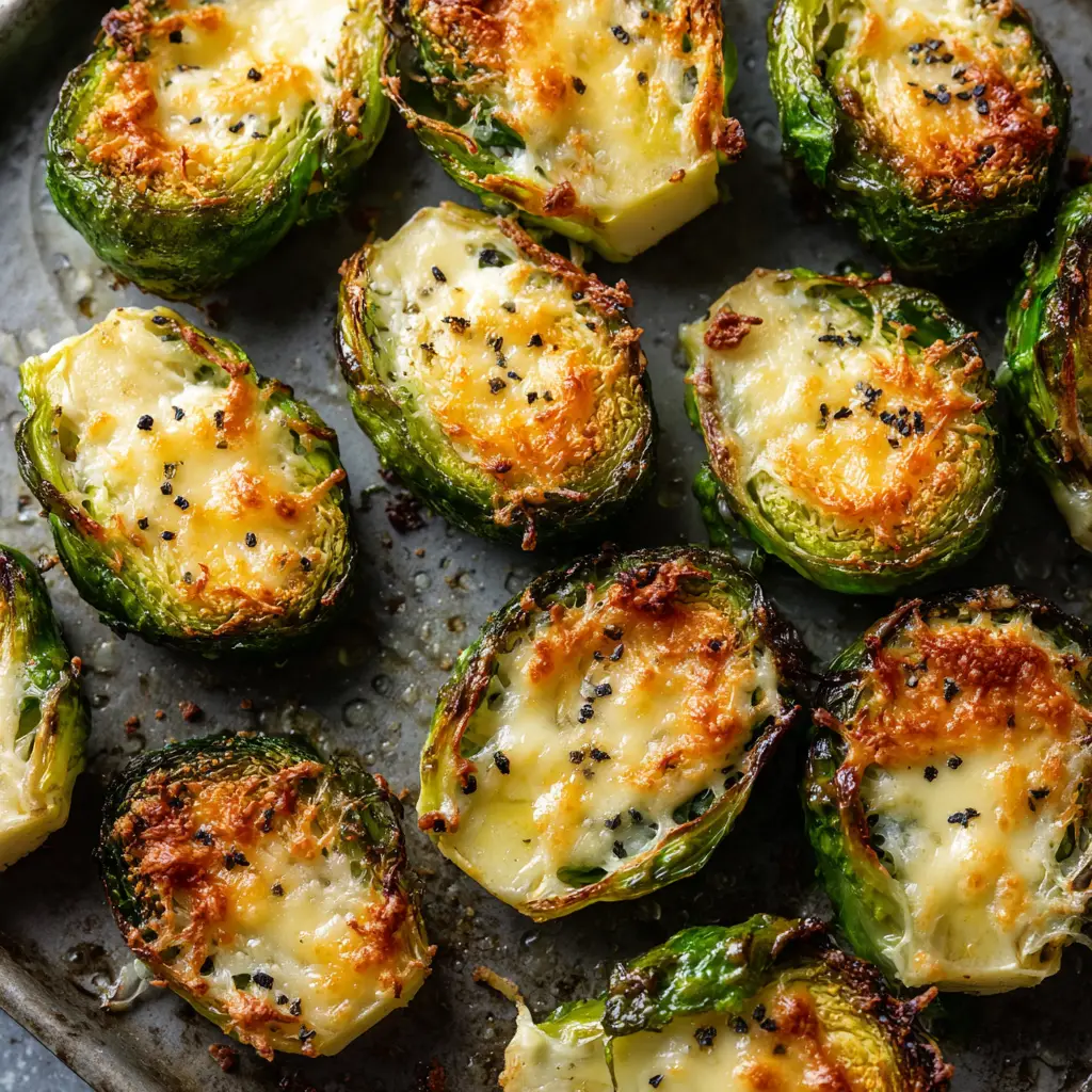 Close up of baked Brussels sprouts resting on a dark metal baking sheet, showing a delicate web of crisped cheese and glistening olive oil.