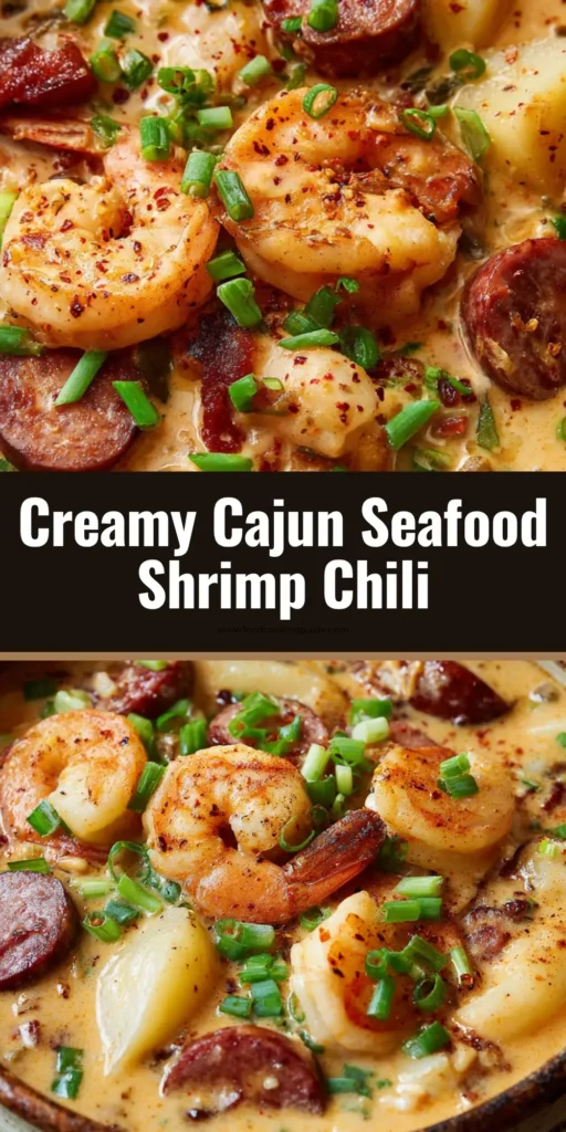 Creamy Seafood Chili with Shrimp and Smoked Sausage 4 A rustic ceramic bowl filled with thick Creamy Seafood Chili, featuring plump pink shrimp, seared sausage, potatoes, and white beans garnished with green onions and Cajun seasoning.