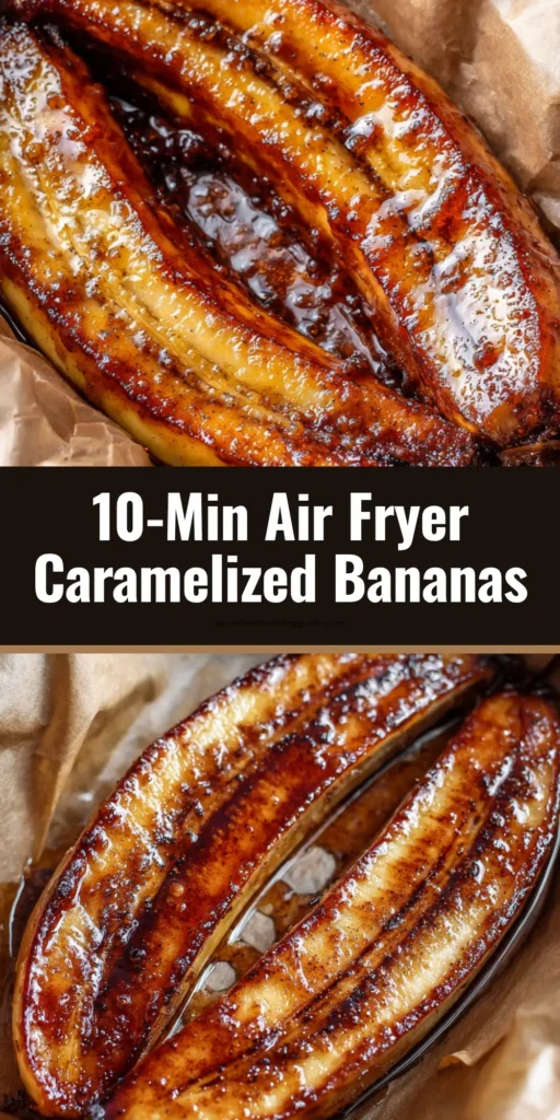 A close up overhead shot of Air Fryer Caramelized Bananas with glossy brown sugar glaze resting on unbleached parchment paper in an air fryer basket.