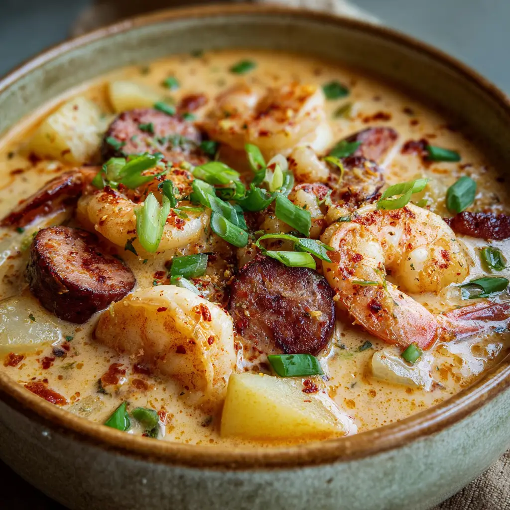 Creamy Seafood Chili with Shrimp and Smoked Sausage 2 Fresh ingredients for Creamy Seafood Chili including raw shrimp, smoked sausage, russet potatoes, and cheddar cheese.