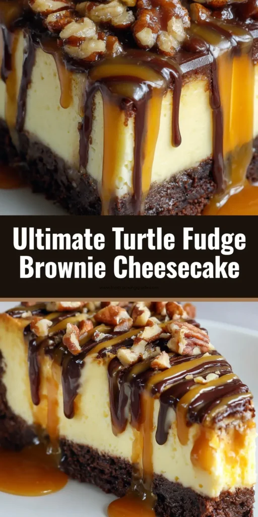 A close-up view of a slice of decadent turtle fudge brownie cheesecake on a white dessert plate, featuring a dense chocolate brownie base, pale yellow creamy cheesecake, golden caramel sauce, dark chocolate ganache, and toasted pecans.