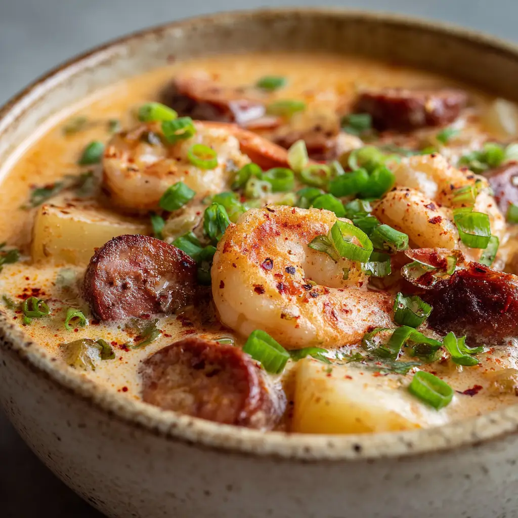Creamy Seafood Chili with Shrimp and Smoked Sausage 1 Close up shot of creamy pale-orange cheesy broth bubbling with soft diced potatoes and tender white beans.