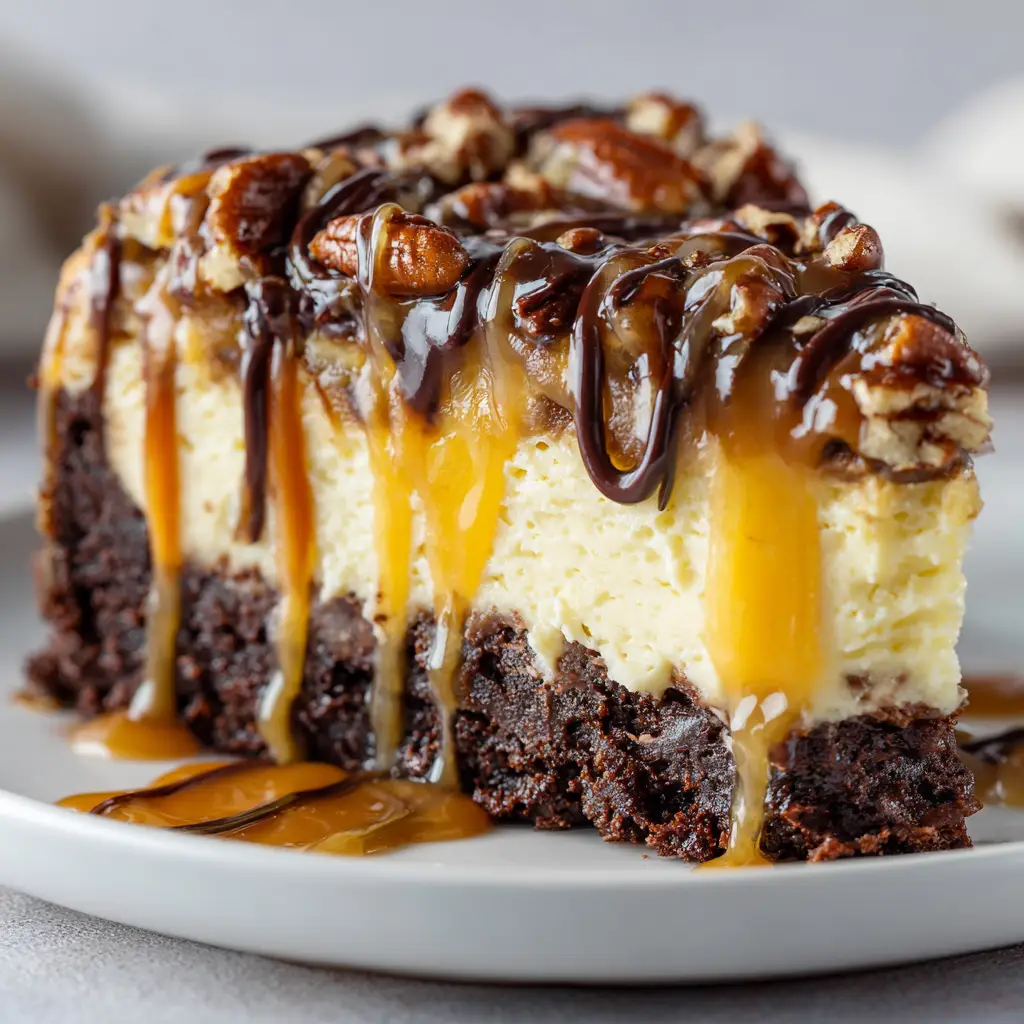 Close-up of a tall slice of Turtle Brownie Cheesecake with sticky caramel and chocolate drips spilling onto the plate.