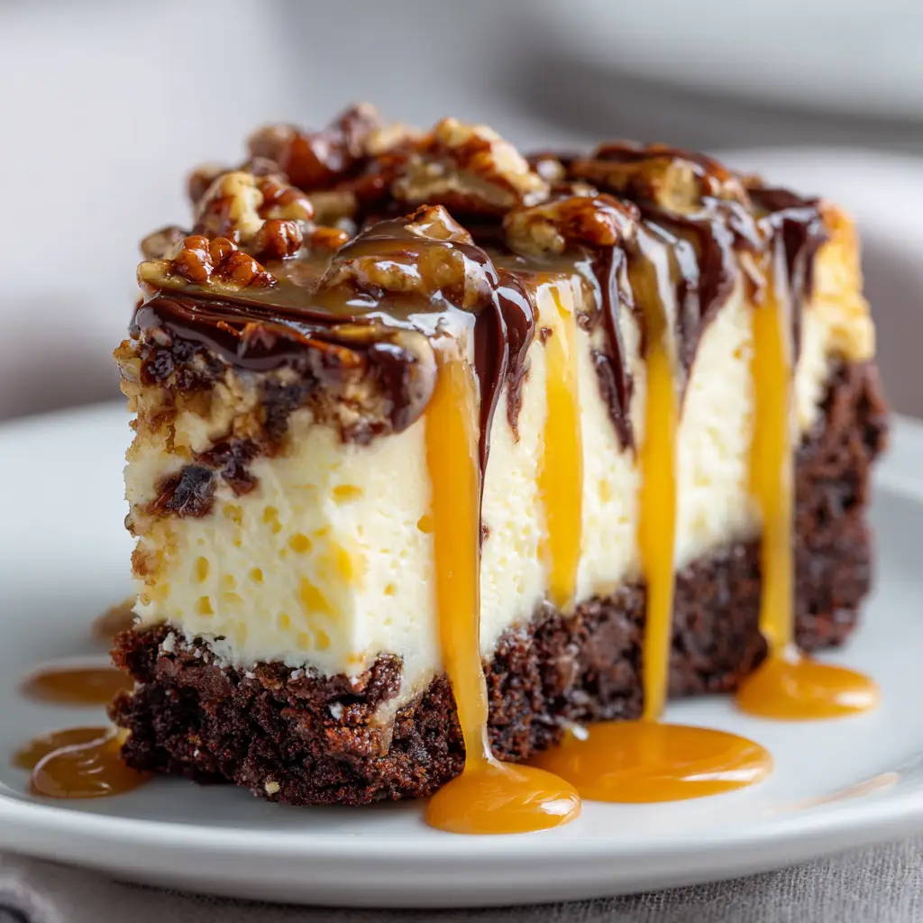Macro shot of Turtle Brownie Cheesecake showcasing rough-chopped toasted pecans and glossy caramel.