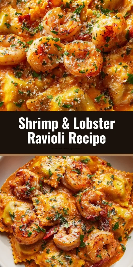 Homemade Shrimp and Lobster Ravioli in Creamy Tomato Sauce 4 A close-up of a white ceramic pasta bowl filled with plump, handmade square Shrimp and Lobster Ravioli pillows with crimped edges, smothered in thick creamy orange-red tomato sauce, topped with curled pink shrimp and tender lobster meat.