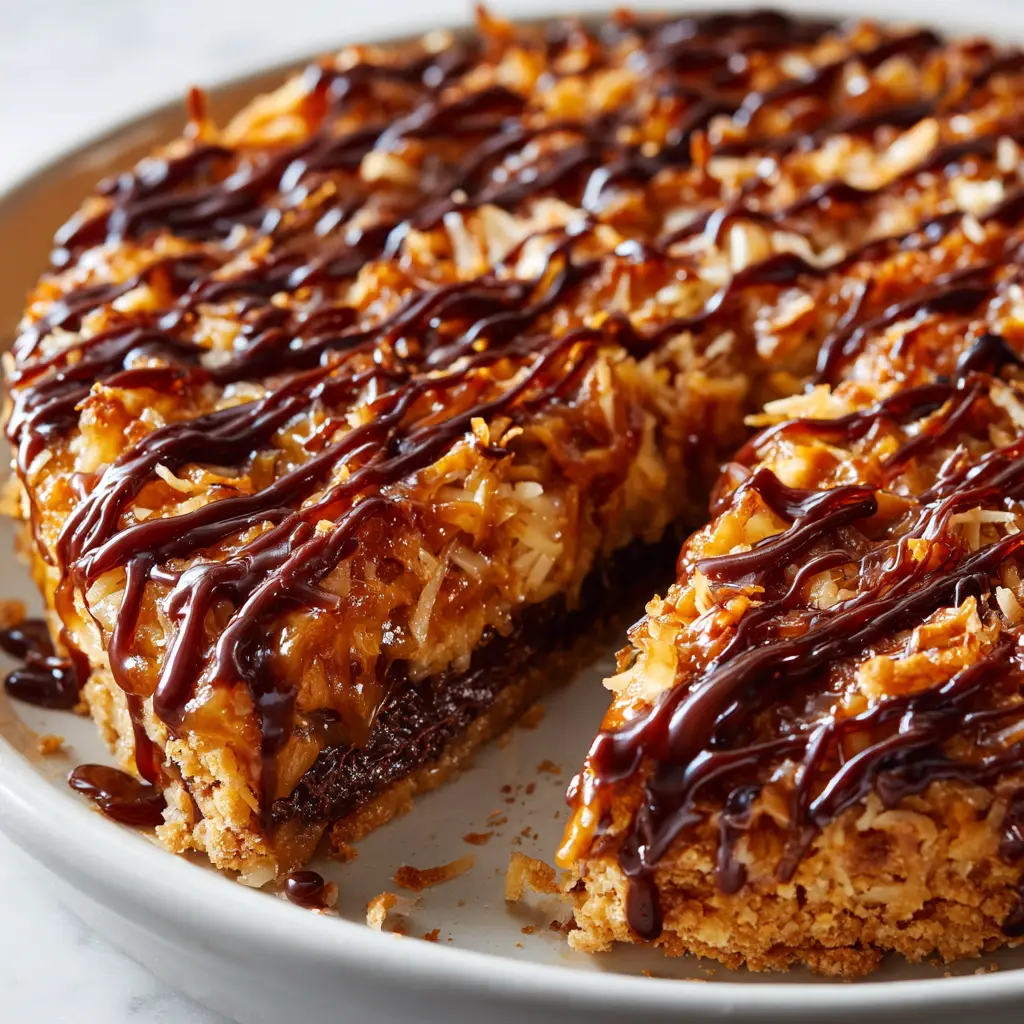 Ultimate Samoas Pie Recipe: A Decadent Caramel Coconut Chocolate Dream 2 A close-up view of a slice pulled away from a Samoas pie revealing a crumbly shortbread crust, dense dark chocolate fudge base, and sticky caramel coconut layer. (Samoas pie recipe)