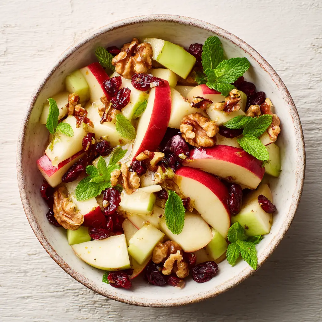 Crisp and Tangy Fresh Apple Salad Recipe 2 Overhead shot of freshly sliced red and green apples with toasted walnuts and cranberries for an apple salad recipe.