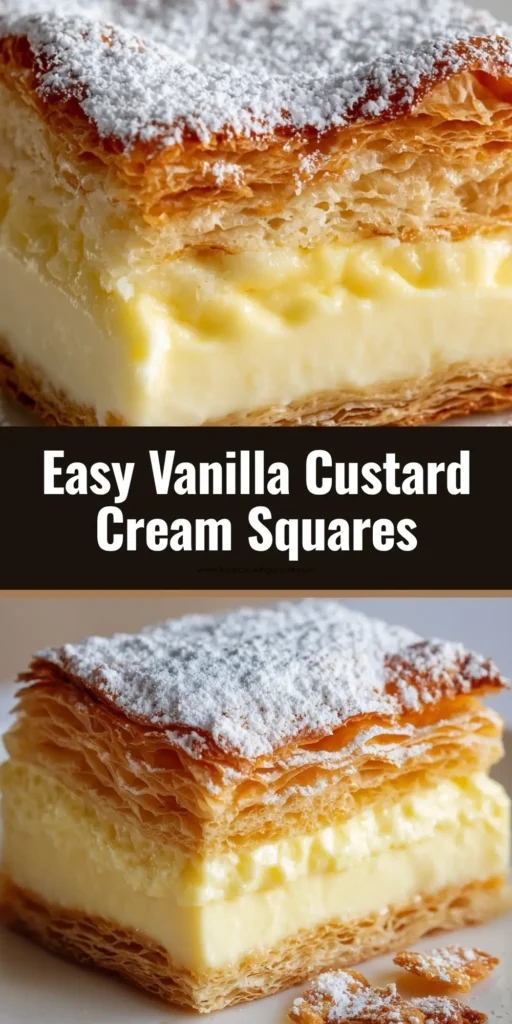 Vanilla Custard Cream Squares 3 A close-up of a perfectly sliced Vanilla Custard Cream Square with golden flaky pastry and a thick pale yellow custard filling.