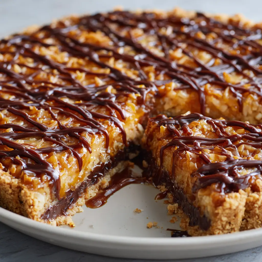 Ultimate Samoas Pie Recipe: A Decadent Caramel Coconut Chocolate Dream 1 Detailed view of the crisscross glossy dark chocolate drizzle and extra pools of shiny caramel sauce over a Samoas pie.
