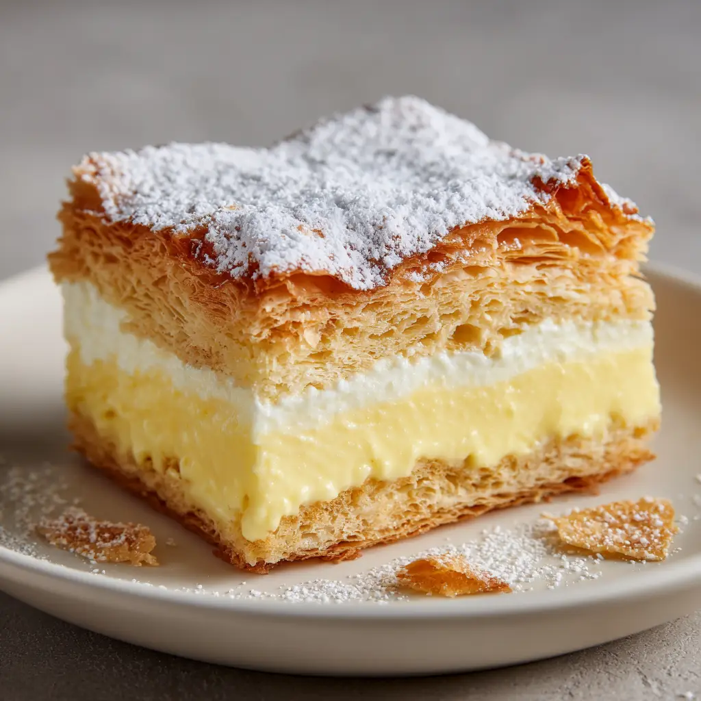 Vanilla Custard Cream Squares 2 A single Vanilla Custard Cream Square resting on a white plate showing multi-layered baked flaky puff pastry and thick creamy filling.