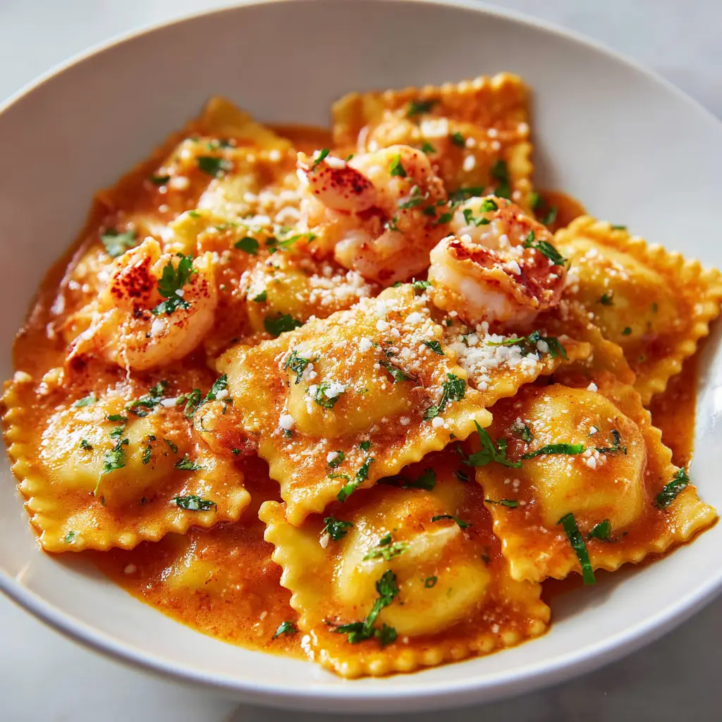 Homemade Shrimp and Lobster Ravioli in Creamy Tomato Sauce 1 Handmade square ravioli pillows with crimped edges being smothered in a thick, velvety orange-red creamy tomato sauce in a skillet.