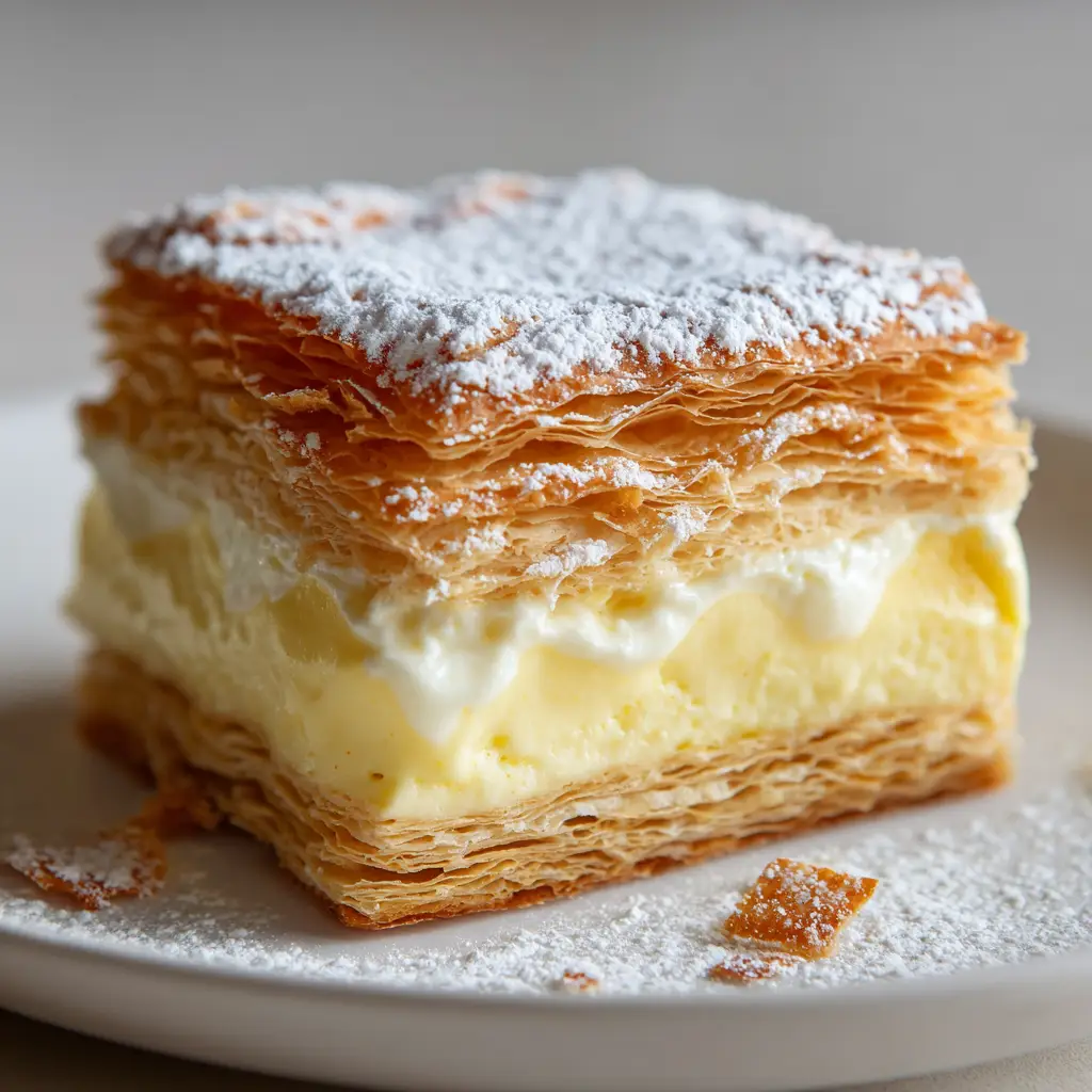 Vanilla Custard Cream Squares 1 Close-up of the smooth pale yellow creamy vanilla custard filling layered between puff pastry crusts dusted with powdered sugar.