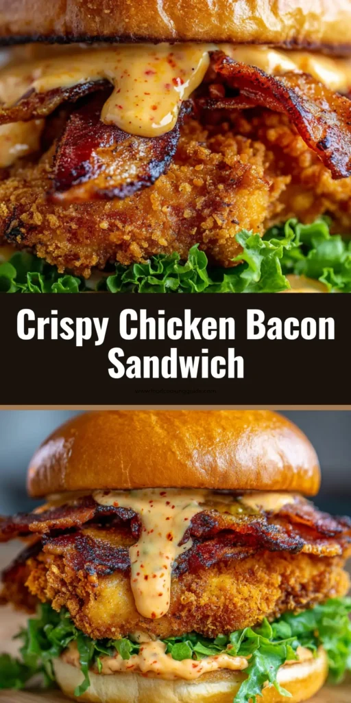 The Ultimate Crispy Chicken Bacon Sandwich 3 A towering Crispy Chicken Bacon Sandwich featuring a thick golden-brown chicken cutlet, crossed strips of charred smoky bacon, and creamy orange-speckled spicy sauce on a shiny brioche bun.