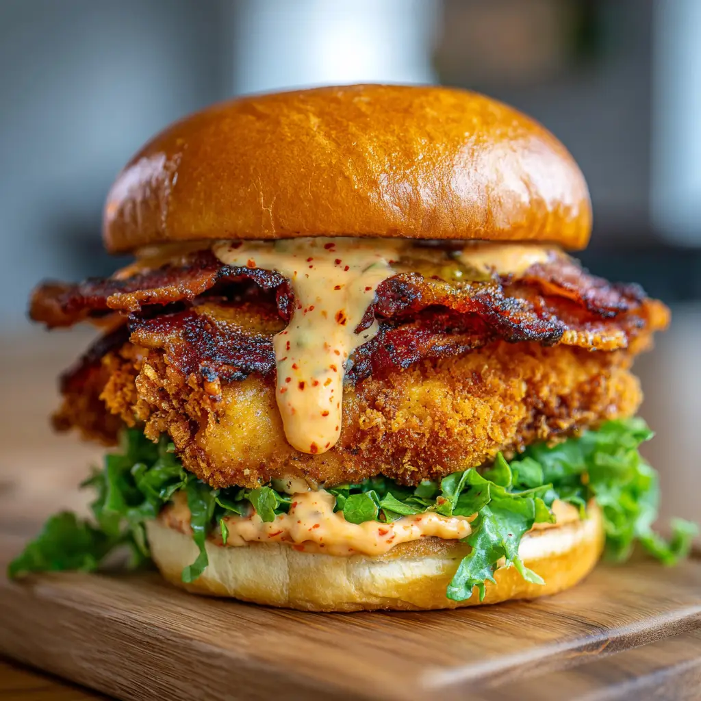 The Ultimate Crispy Chicken Bacon Sandwich 2 Ingredients for a Crispy Chicken Bacon Sandwich, showing a thick breaded chicken cutlet and fresh green leaf lettuce.