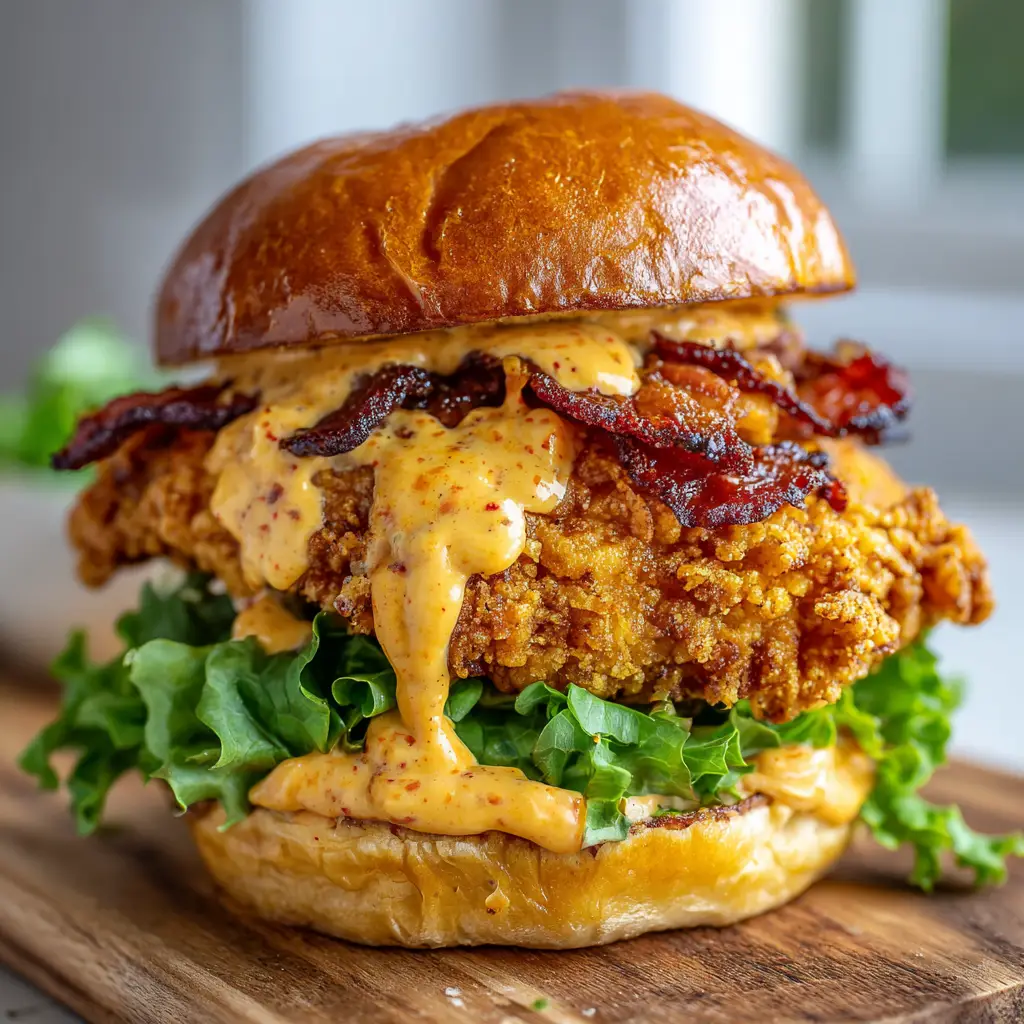 The Ultimate Crispy Chicken Bacon Sandwich 1 Close-up of a perfectly fried, golden-brown heavily crusted chicken cutlet resting on a wire rack next to charred smoky bacon.