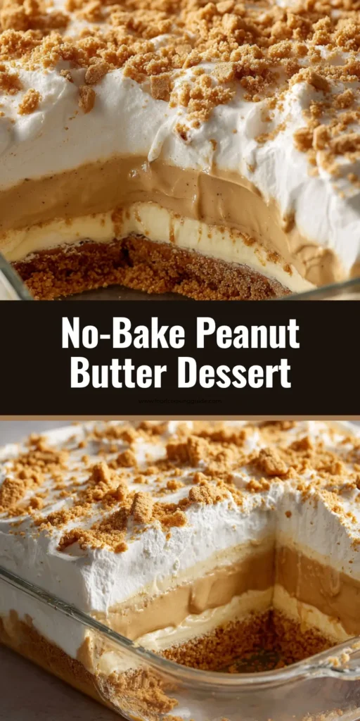 Ultimate No-Bake Peanut Butter Dessert 4 A layered No-Bake Peanut Butter Dessert in a clear square glass baking dish revealing a thick cookie crust, dense peanut butter filling, soft yellow pudding, and thick whipped cream topped with cookie crumbs.