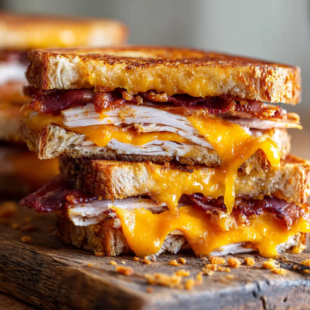 A close-up shot of folded thinly sliced roasted turkey breast and crispy bacon inside a toasted melt sandwich.