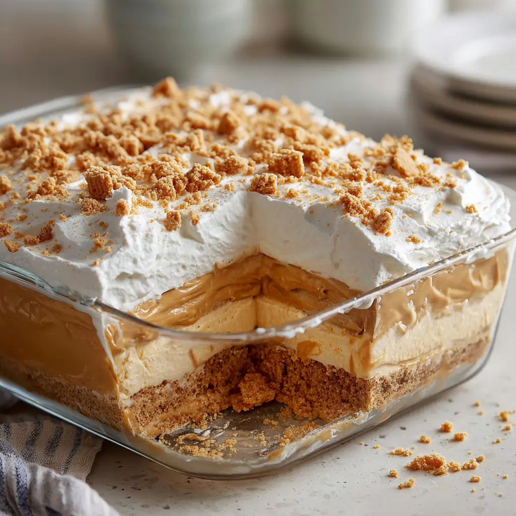 Ultimate No-Bake Peanut Butter Dessert 2 A close-up view of the ingredients for the No-Bake Peanut Butter Dessert layered in a clear square glass baking dish on a kitchen counter.