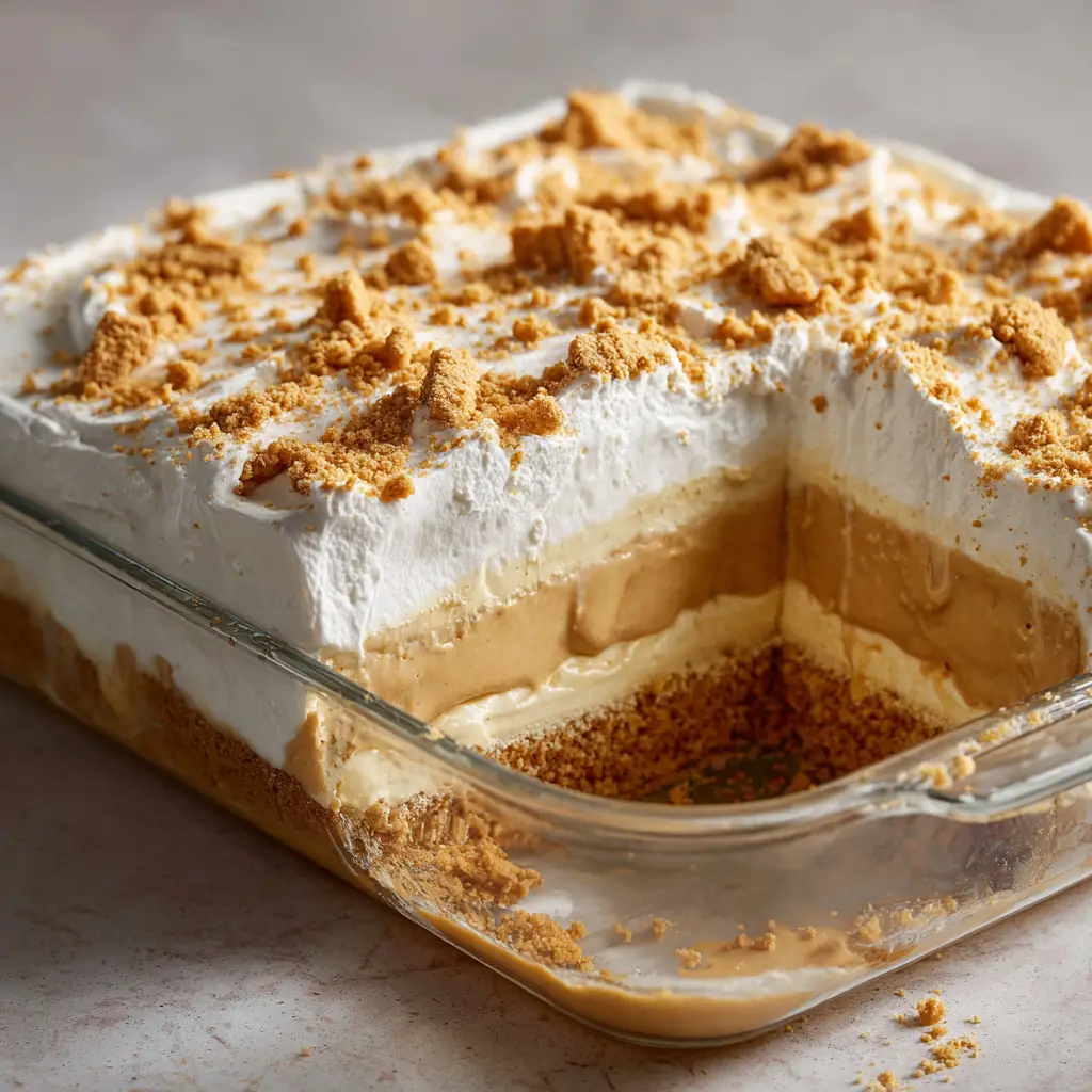 Ultimate No-Bake Peanut Butter Dessert 1 A slice taken out of a No-Bake Peanut Butter Dessert revealing distinct even layers of cookie crust, peanut butter cream, vanilla pudding, and whipped cream.