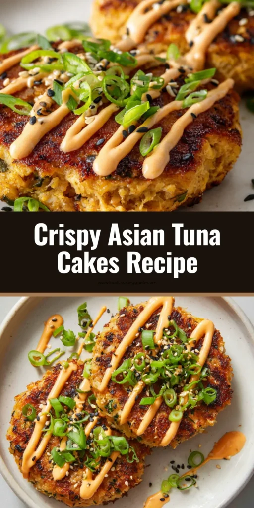 Crispy Asian Tuna Cakes with Spicy Mayo Drizzle 3 Two Asian Tuna Cakes with a golden brown crust, drizzled with spicy mayo, and garnished with scallions and sesame seeds.