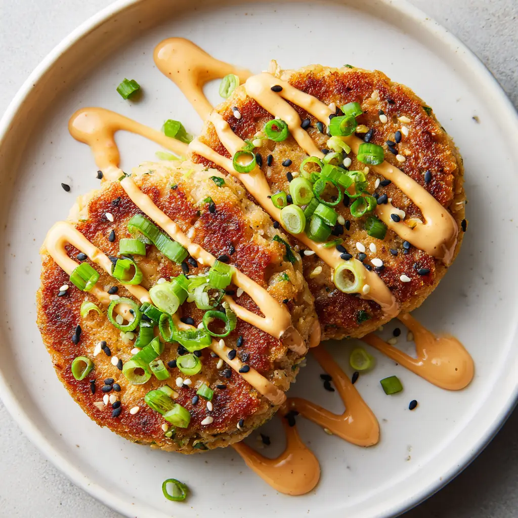 Crispy Asian Tuna Cakes with Spicy Mayo Drizzle 2 Close up of pan-fried golden-brown Asian Tuna Cakes resting on a matte white plate.