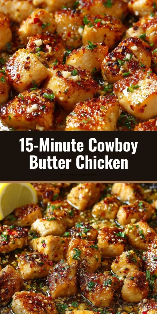 Juicy Cowboy Butter Chicken Bites (Quick & Easy Skillet Recipe) 4 A cast iron skillet filled with golden-brown Cowboy Butter Chicken Bites, generously coated in a glossy garlic herb butter sauce with a fresh yellow lemon wedge.
