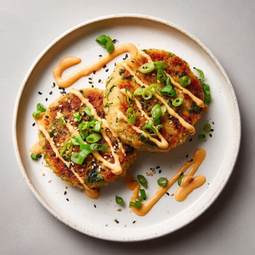 Crispy Asian Tuna Cakes with Spicy Mayo Drizzle 1 Asian Tuna Cakes generously drizzled with pale orange creamy spicy mayo in a zigzag pattern, sprinkled with green scallions.