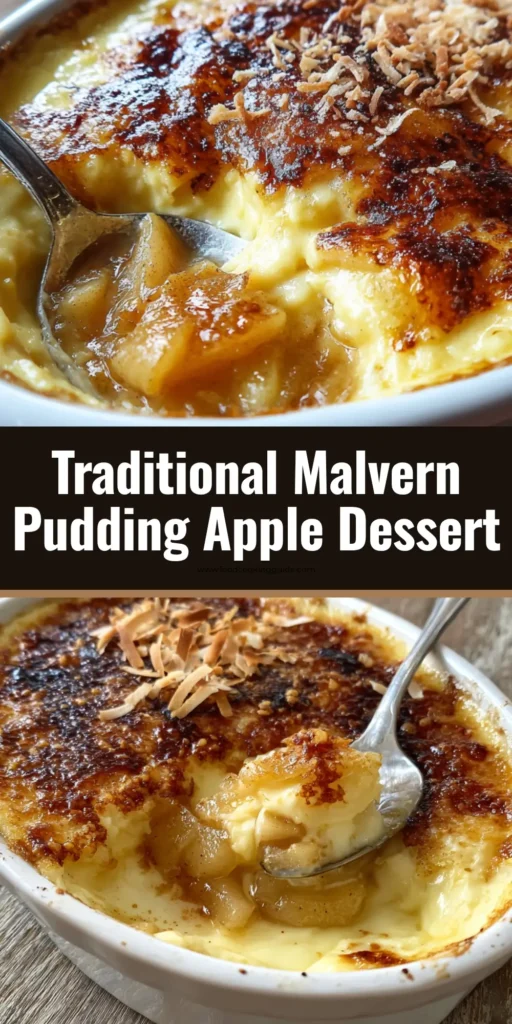 A silver spoon scooping into a rustic baking dish filled with Malvern Pudding, revealing amber stewed apples, creamy custard, and a blistered caramelized sugar crust.
