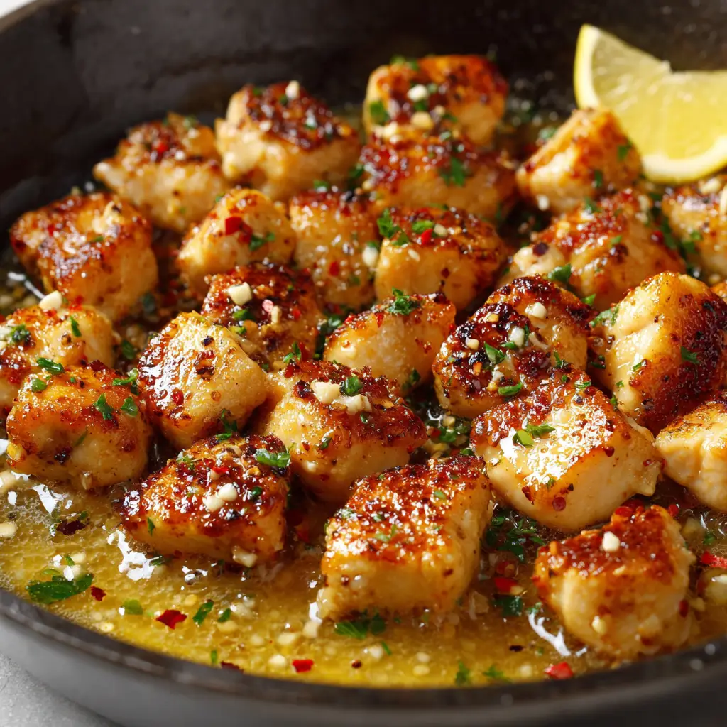 Juicy Cowboy Butter Chicken Bites (Quick & Easy Skillet Recipe) 2 Close-up of golden-brown pan-seared chicken breast cubes cooking in a dark cast iron skillet, starting to form a crispy crust.