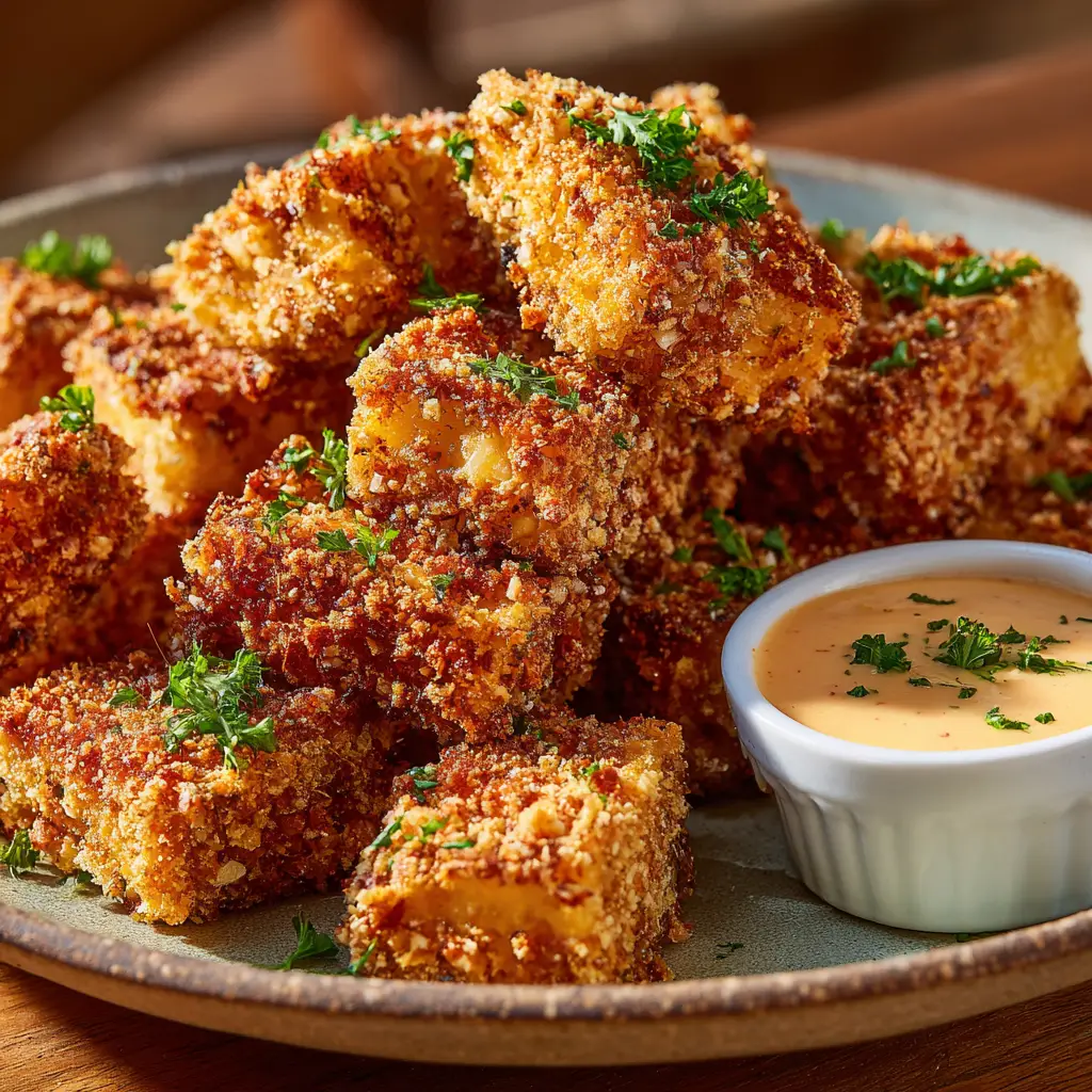 Crispy Tofu Fried Chicken 2 Close up of golden-brown breaded tofu fried chicken pieces showing a deeply textured, crispy seasoned crust.