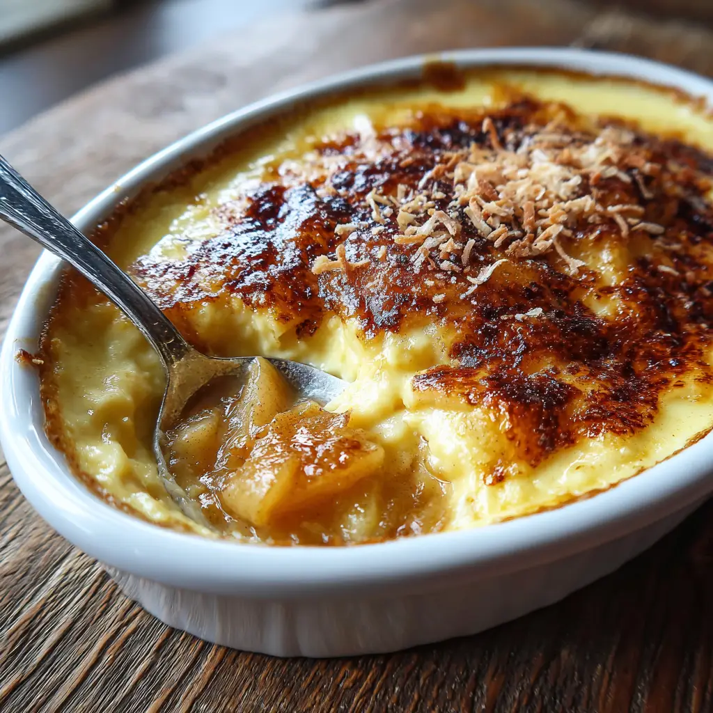 Close up of the thick pale yellow baked custard layer resting on top of stewed apples in a white oval dish.