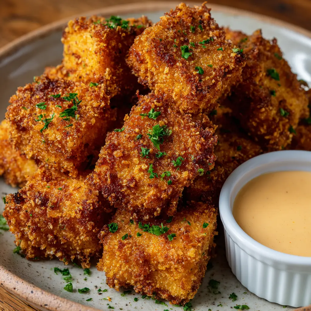 Crispy Tofu Fried Chicken 1 Crispy tofu fried chicken served on a wooden dining table alongside a small white ramekin of pale orange dipping sauce.