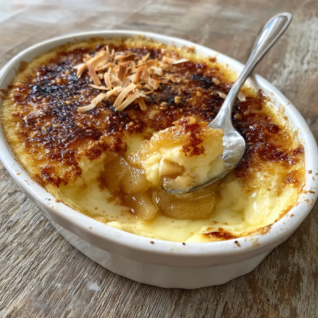 Close up photo showing a crispy caramelized golden-brown sugar crust with slightly darker, blistered spots dusted with cinnamon and toasted coconut.