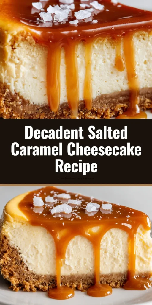 A thick slice of Salted Caramel Cheesecake with a pale ivory filling, glossy amber caramel drips, and flaky sea salt.