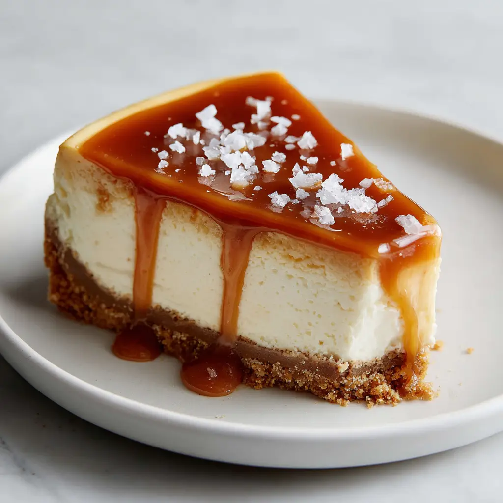 Thick, glossy, rich amber-colored salted caramel sauce dripping over the edges of a slice of creamy cheesecake.