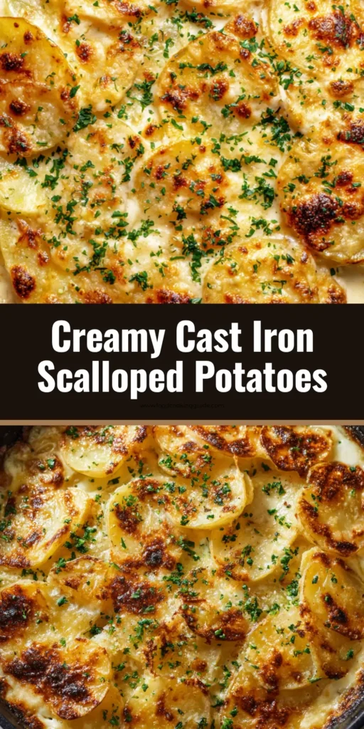Ultimate Cast Iron Scalloped Potatoes 4 Close up overhead view of overlapping thin potato slices baked in a round black cast iron skillet with a thick bubbling white cream sauce and deeply browned crispy edges.
