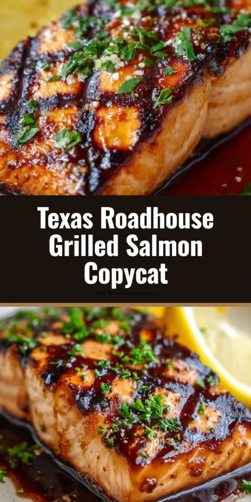 Easy Texas Roadhouse Grilled Salmon Recipe (Copycat) 3 A close up showing a perfectly glazed Texas Roadhouse Grilled Salmon with dark crosshatch grill marks, a lemon wedge, and chopped parsley.