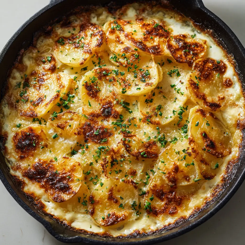 Freshly sliced potatoes layered in a heavy black cast iron skillet, ready to be smothered in creamy white garlic sauce.