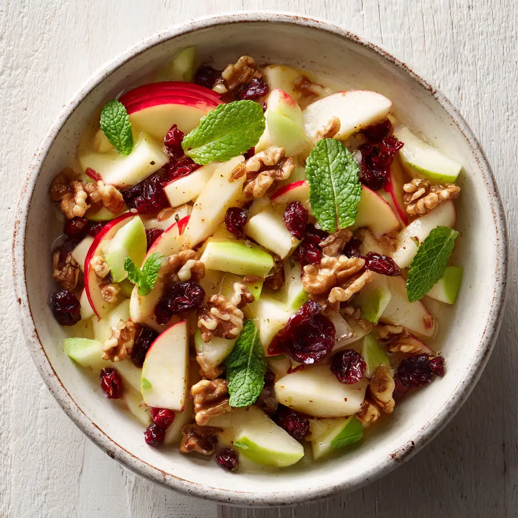 Crisp and Tangy Fresh Apple Salad Recipe 1 Close-up of a glossy, semi-translucent tangy dressing coating an apple salad with fresh mint garnish.