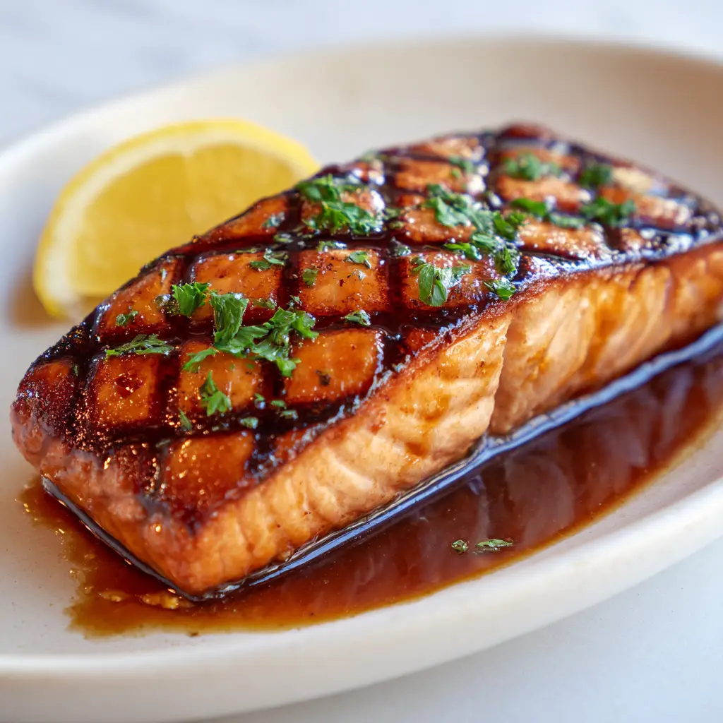 Close-up of a thick salmon fillet with caramelized crosshatch grill marks and a glossy dark amber soy sauce glaze on a white ceramic plate.