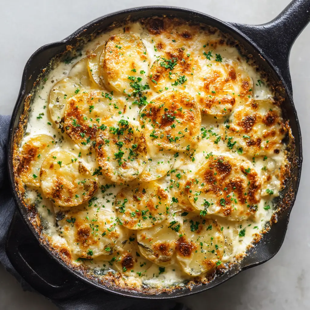 Ultimate Cast Iron Scalloped Potatoes 1 Opaque white cream sauce bubbling over thinly sliced starchy potatoes in a dark cast iron skillet, with golden melted cheese in the center.