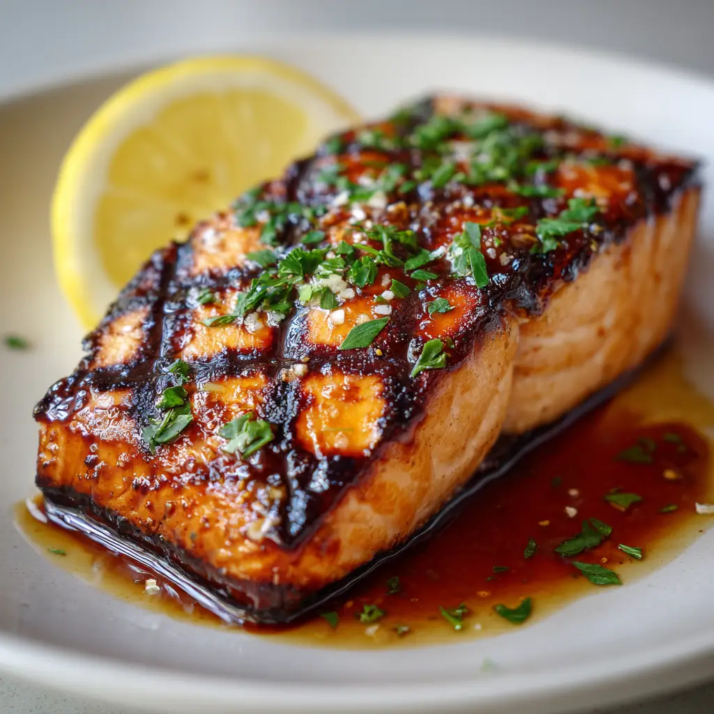 Easy Texas Roadhouse Grilled Salmon Recipe (Copycat) 1 Flaky, opaque orange-pink salmon flesh visible under a thick glaze, garnished with fresh chopped green parsley and a bright yellow lemon wedge.