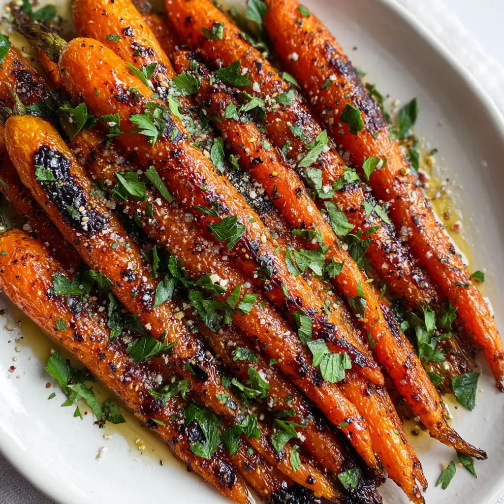 Close-up of bright orange whole baby carrots covered in a glossy oil glaze prior to roasting.