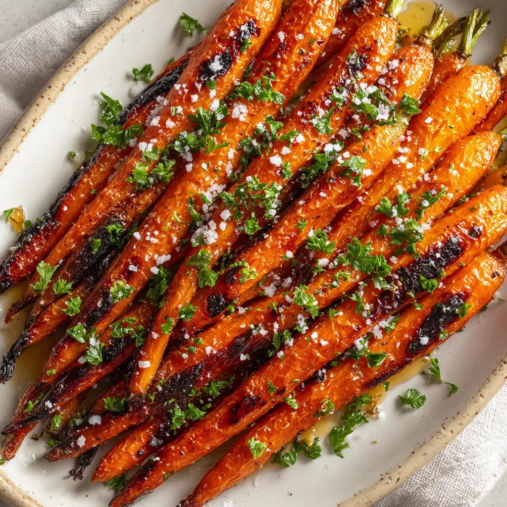 Oven Roasted Carrots resting on a white rustic ceramic oval plate heavily sprinkled with fresh chopped parsley and cracked black pepper.