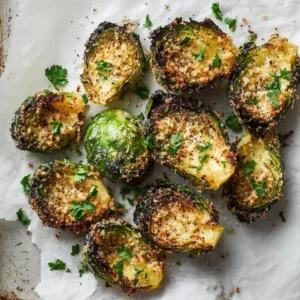 Halved Brussels sprouts arranged on crinkled white parchment paper over a worn metal baking sheet.