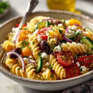 A close-up shot of the best Italian Pasta Salad, showing the texture of the rotini pasta, fresh mozzarella, and zesty dressing.