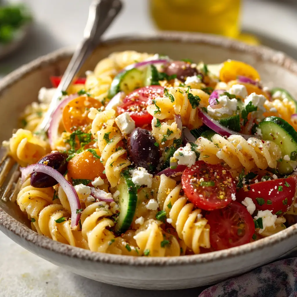 A close-up shot of the best Italian Pasta Salad, showing the texture of the rotini pasta, fresh mozzarella, and zesty dressing.